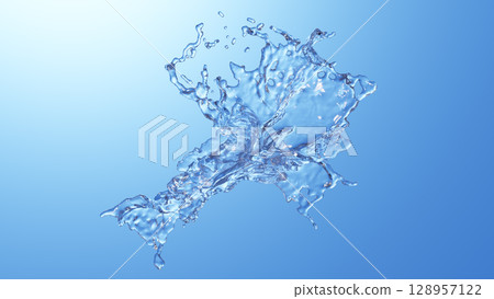 藍色背景上的水花飛濺背景素材。 3D影像。 （橫向） 128957122
