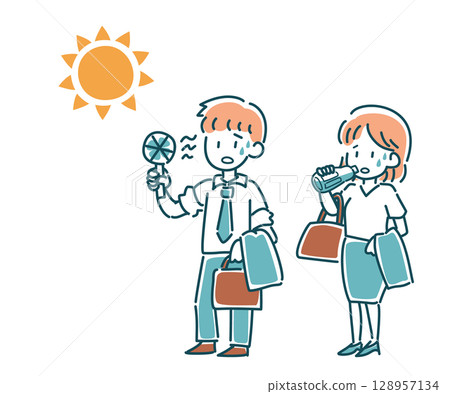 Vector illustration of a man and woman in suits on a hot day Vector illustration of a man and woman in suits on a hot day 128957134