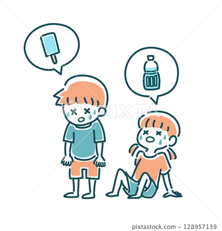 一個男孩和一個女孩在炎熱的天氣裡想要吃點冷的東西的插圖 一個男孩和一個女孩在炎熱的天氣裡想要吃點冷的東西的插圖 128957139