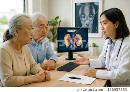 AI generated elderly couple consulting a doctor in a bright medical office. The doctor explains kidney health using a screen display. A peaceful, professional atmosphere with city view and plants. 128957263