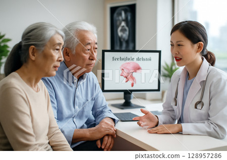 AI generated elderly Asian couple consults kind female doctor in hospital exam room with pituitary gland diagram and MRI scan background bright clean friendly atmosphere 128957286