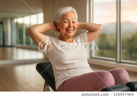 AI generated elderly Asian woman in gym smiling while doing a core exercise with a clean and bright gym background. Golden hour light adds warmth to the scene showcasing healthy aging. AI generated elderly Asian woman in gym smiling while doing a core exercise with a clean and bright gym background. Golden hour light adds warmth to the scene showcasing healthy aging. 128957464