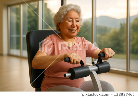 AI generated image of an elderly Asian woman in her 60s exercising with a machine targeting deep abdominal muscles in a modern gym. The bright, spacious room offers a peaceful atmosphere 128957465