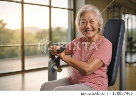 AI generated image of an elderly Asian woman working out in a gym, smiling while using a seated exercise machine. Warm golden sunlight and a natural outdoor view create a peaceful, healthy atmosphere. 128957466