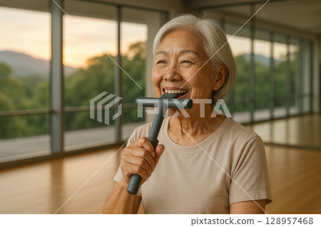 AI generated elderly Asian woman exercising jaw muscles in a bright clean gym with warm sunlight and nature view showing wellness and senior health 128957468