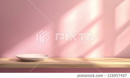 Luxury pink wooden countertop spotlight display branding product promotion presentation 128957487