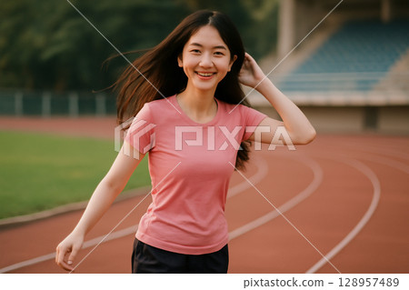 AI generated image of a young Southeast Asian woman jogging on a red stadium track under soft morning light. She has a playful smile and athletic build. A dynamic moment captured with natural beauty 128957489