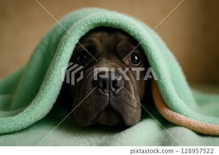 AI generated image of a Cane Corso dog peeking from under a pastel green blanket with a playful expression. The soft texture and warm atmosphere evoke feelings of comfort and coziness. 128957522