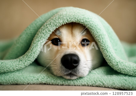 AI generated photo of an Akita dog peeking from a soft mint blanket. The dog playful expression and the cozy pastel colors evoke warmth and comfort in a peaceful atmosphere. 128957523