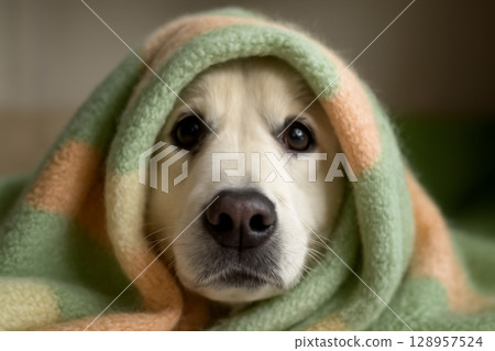 AI generated image of a Great Pyrenees dog peeking from a pastel blanket. Only its nose and eyes are visible, conveying an adorable and playful mood with soft lighting and a warm, fuzzy texture. 128957524
