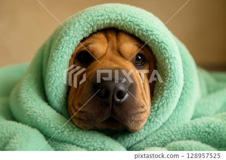 AI generated image of a cute Shar-Pei dog peeking out from a soft mint green blanket. The warm and fuzzy vibe creates an adorable and playful mood with soft lighting and a serene backdrop. 128957525
