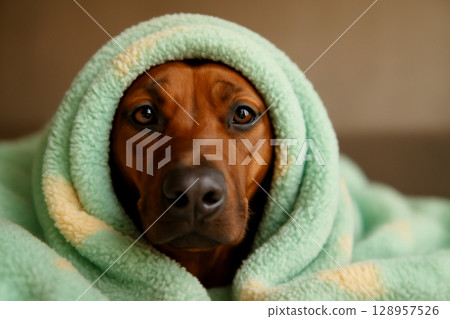 AI generated image of a Rhodesian Ridgeback dog peeking from a cozy pastel green blanket with soft lighting creating a warm and inviting atmosphere. The playful and adorable look captures a calm 128957526