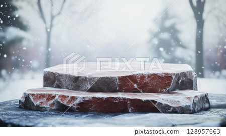 Stone podium stage on edge mountain and valley view nature in winter forest 128957663
