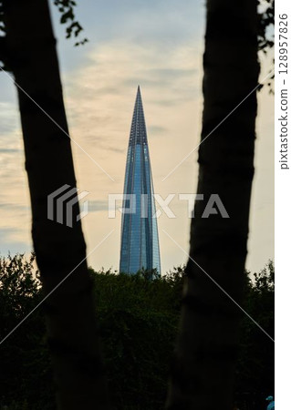 A Stunning View of the Towering Landmark Silhouetted Beautifully Against the Sky at Dusk 128957826