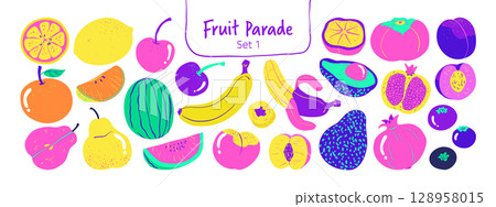 Isolated hand drawn fruit clipart set on a transparent background. Cute minimal colorful doodle Illustration Style, Set 1. Isolated hand drawn fruit clipart set on a transparent background. Cute minimal colorful doodle Illustration Style, Set 1. 128958015