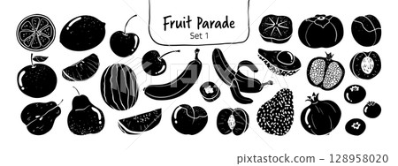 Isolated hand drawn fruit clipart set on a transparent background. Cute black silhouette doodle Illustration Style, Set 1. 128958020