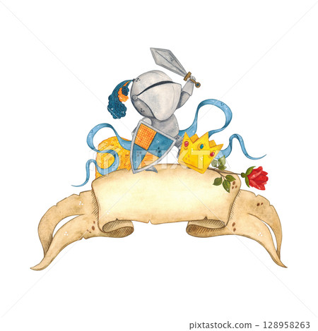 Knight with sword and shield on the background of ribbon from old parchment, next to crown, flag, red rose and blue ribbons. Watercolor illustration, hand-made, cartoon. For scrapbooking, cards, poste 128958263