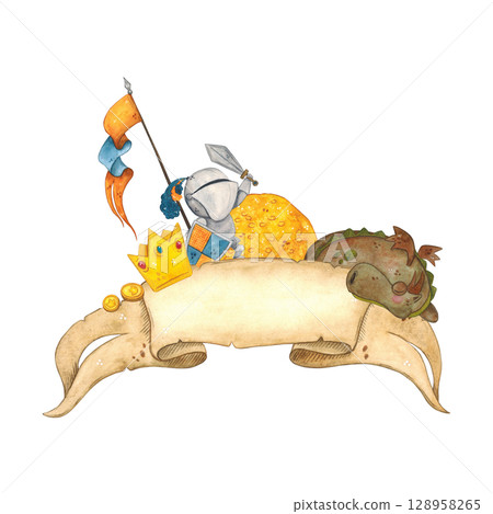 Knight with sword and shield on the background of ribbon from old parchment among gold goes to sleeping dragon. Watercolor illustration, hand made, cartoon. For scrapbooking, cards, posters Knight with sword and shield on the background of ribbon from old parchment among gold goes to sleeping dragon. Watercolor illustration, hand made, cartoon. For scrapbooking, cards, posters 128958265