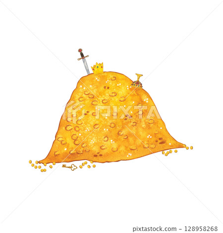 Pile of gold with sword, crown and cup. Watercolor illustration hand drawn in cartoon. Drawing for stickers, print, children's book. Fairy tale, gold, adventure, wealth, trea Pile of gold with sword, crown and cup. Watercolor illustration hand drawn in cartoon. Drawing for stickers, print, children's book. Fairy tale, gold, adventure, wealth, trea 128958268