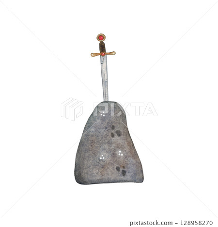 Sword stuck in stone. Watercolor illustration hand drawn, cartoon. drawing for stickers, cards, print, scrapbooking. history, king arthur, fairy tale, adventure, middle age Sword stuck in stone. Watercolor illustration hand drawn, cartoon. drawing for stickers, cards, print, scrapbooking. history, king arthur, fairy tale, adventure, middle age 128958270