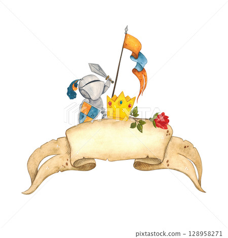 Knight with sword and shield on the background of ribbon from old parchment, next to crown, flag and red rose. Watercolor illustration, hand-made, cartoonish. For scrapbooking, cards, posters 128958271