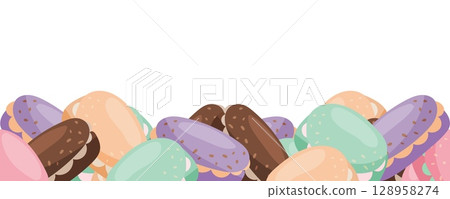 Seamless border with colorful macarons at the bottom Seamless border with colorful macarons at the bottom 128958274