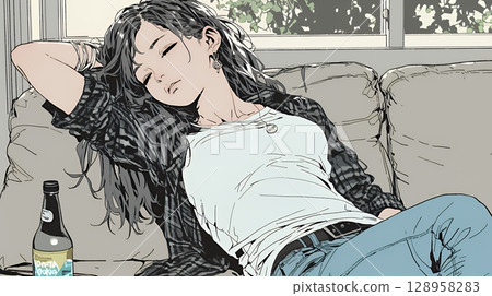 A woman drinking alone at home and passing out 128958283