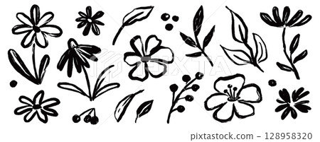 Flower brush hand drawn vector set. Hand drawn doodle flower, floral leaf elements in brush stroke ink style. Simple abstract botanical silhouette set for nature black paint art. Vector Flower brush hand drawn vector set. Hand drawn doodle flower, floral leaf elements in brush stroke ink style. Simple abstract botanical silhouette set for nature black paint art. Vector 128958320