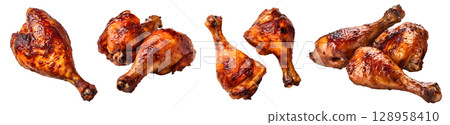 Roasted grilled turkey chicken drumstick thigh on transparent background cutout, PNG file. Mockup template for artwork design. perspective positions many different angle, side frontal 128958410