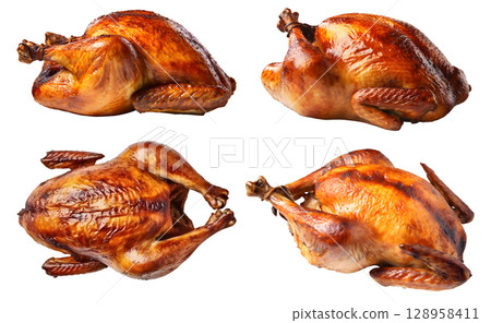 Roasted grilled turkey chicken on transparent background cutout, PNG file. Mockup template for artwork design. perspective positions many different angle, side frontal Roasted grilled turkey chicken on transparent background cutout, PNG file. Mockup template for artwork design. perspective positions many different angle, side frontal 128958411