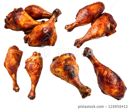 Roasted grilled turkey chicken drumstick thigh on transparent background cutout, PNG file. Mockup template for artwork design. perspective positions many different angle, side frontal top view 128958412