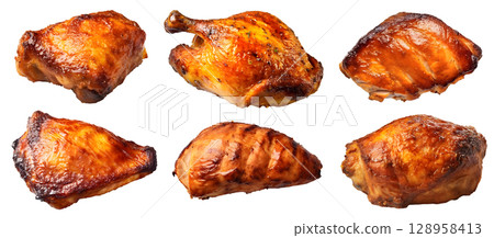Roasted grilled portion of turkey chicken drumstick thigh breast meat on transparent background cutout, PNG file. Mockup template for artwork design. positions many different angle, side frontal	 128958413