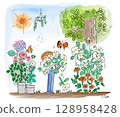 Illustration of a woman holding a lot of picked flowers 128958428