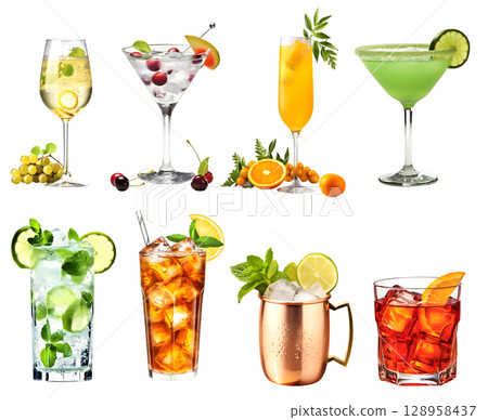 Alcohol Cocktail Mocktail. Many assorted different range types isolated on transparent background cutout. PNG file 128958437