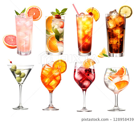 Alcohol Cocktail Mocktail. Many assorted different range types isolated on transparent background cutout. PNG file 128958439