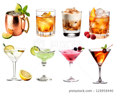 Alcohol Cocktail Mocktail. Many assorted different range types isolated on transparent background cutout. PNG file Alcohol Cocktail Mocktail. Many assorted different range types isolated on transparent background cutout. PNG file 128958440