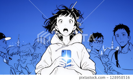 A young woman is surprised at her smartphone screen (simple colors) A young woman is surprised at her smartphone screen (simple colors) 128958516