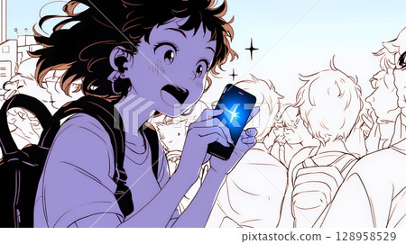 A young woman is surprised at her smartphone screen (simple colors) 128958529