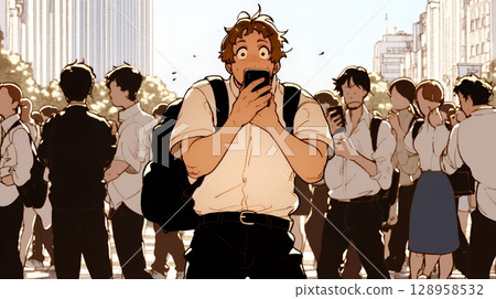 一位年輕人對他的智慧型手機螢幕感到驚訝(簡單的顏色) 一位年輕人對他的智慧型手機螢幕感到驚訝(簡單的顏色) 128958532