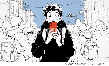 A young man surprised at his smartphone screen (simple colors) A young man surprised at his smartphone screen (simple colors) 128958542