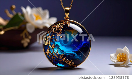 A beautiful handmade pendant top in a gold frame that stands out against a white wall, and the vibrant glow of resin art A beautiful handmade pendant top in a gold frame that stands out against a white wall, and the vibrant glow of resin art 128958578