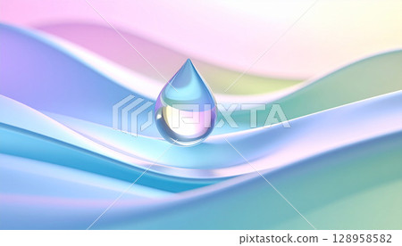 一滴玻璃水被輕輕地放置在柔和的彩色燈光和波浪之中。 128958582