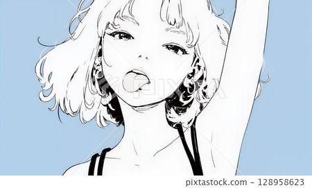 A young woman sticking out her tongue and acting jokingly (simple colors) 128958623