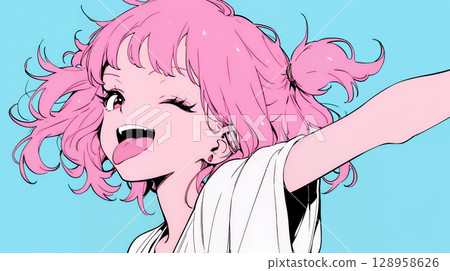 一位年輕女子伸出舌頭，開玩笑（簡單的顏色） 128958626