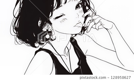 A young woman sticking out her tongue and acting jokingly (simple colors) 128958627