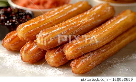 Churros Fried wheat flour dough, a very popular sweet snack dessert in Spain 128958699