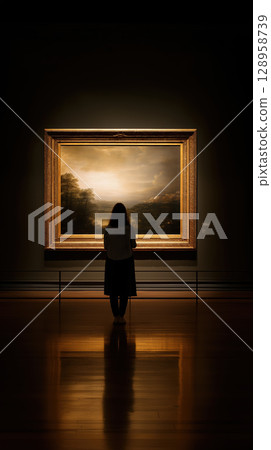 Woman silhouette art painting gallery museum contemplative reflection 128958739
