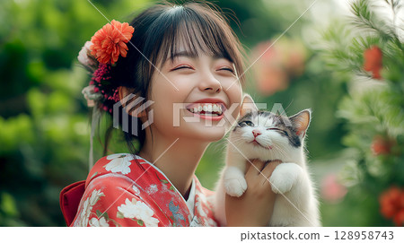 Adorable little japanese girl in Kimono costume holding her Scottish fold kitten in the garden spring time sunset, relaxation concept 128958743