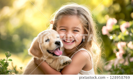Adorable smiling girl hugs her cute Golden retriever puppy dog in the garden, friendship pet concept 128958769