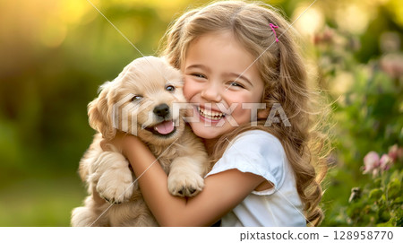 Beautiful smiling girl hugs her cute Golden retriever puppy dog in the garden, Take care about pet concept 128958770